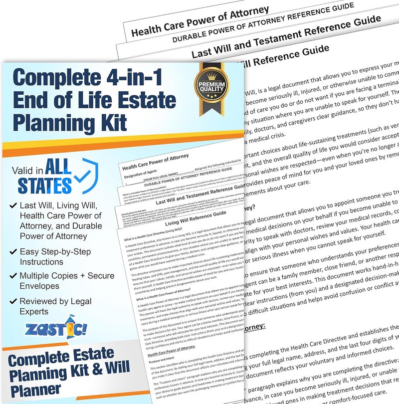 Zastic Complete Estate Planning Kit & Will Planner – Last Will and Testament, Living Will, Durable Power of Attorney, and Health Care Power of Attorney – Do It Yourself Legal Will and Testament Kit - Image 1